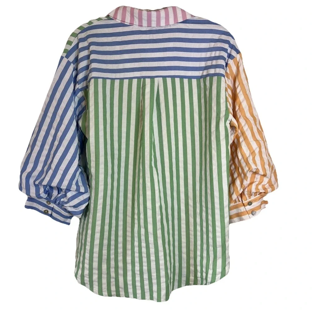 NWT Homebody Seersucker Colorblock Striped Puff LongSleeve  Button Up Sz Small - Picture 2 of 8